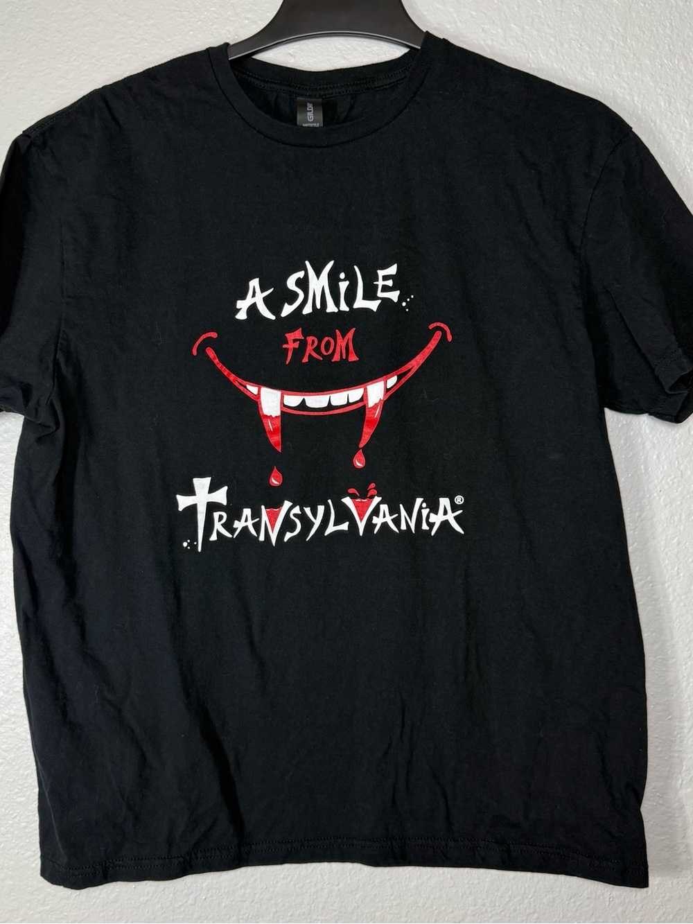 Gildan Softstyle Vampire Transylvania Black Graphic Print T-Shirt L Crew Neck